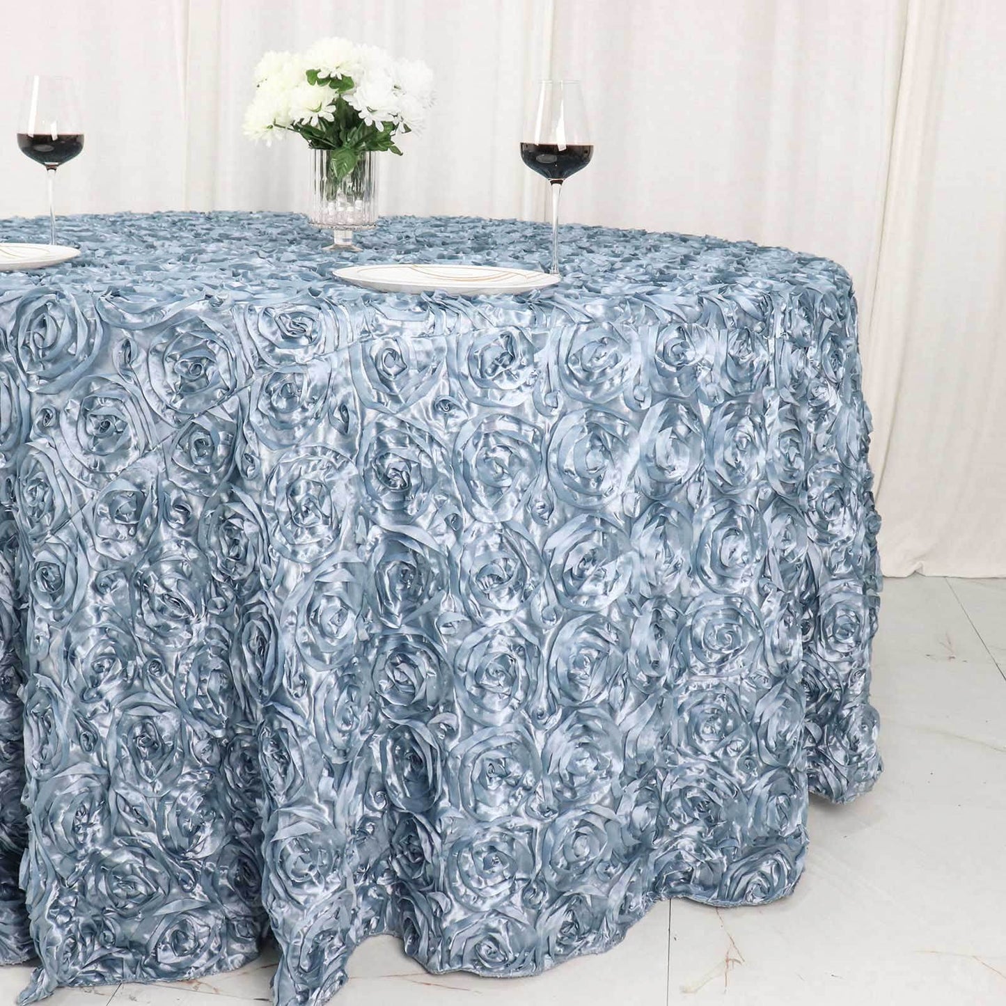 Satin 120" Round Tablecloth Dusty Blue - Grandiose 3D Rosette with Seamless Finish Table Cover