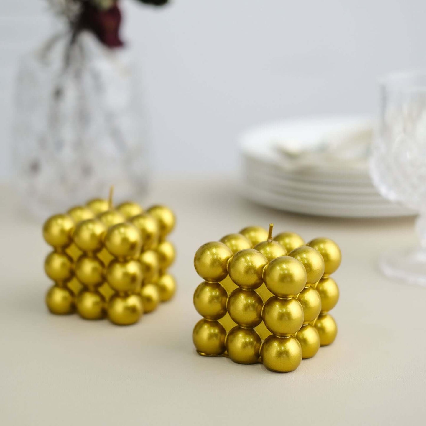 2-Pack Decorative Paraffin Wax Candles Bubble Cube Design Metallic Gold - Unscented Long Burning Pillar Candle Set 2"