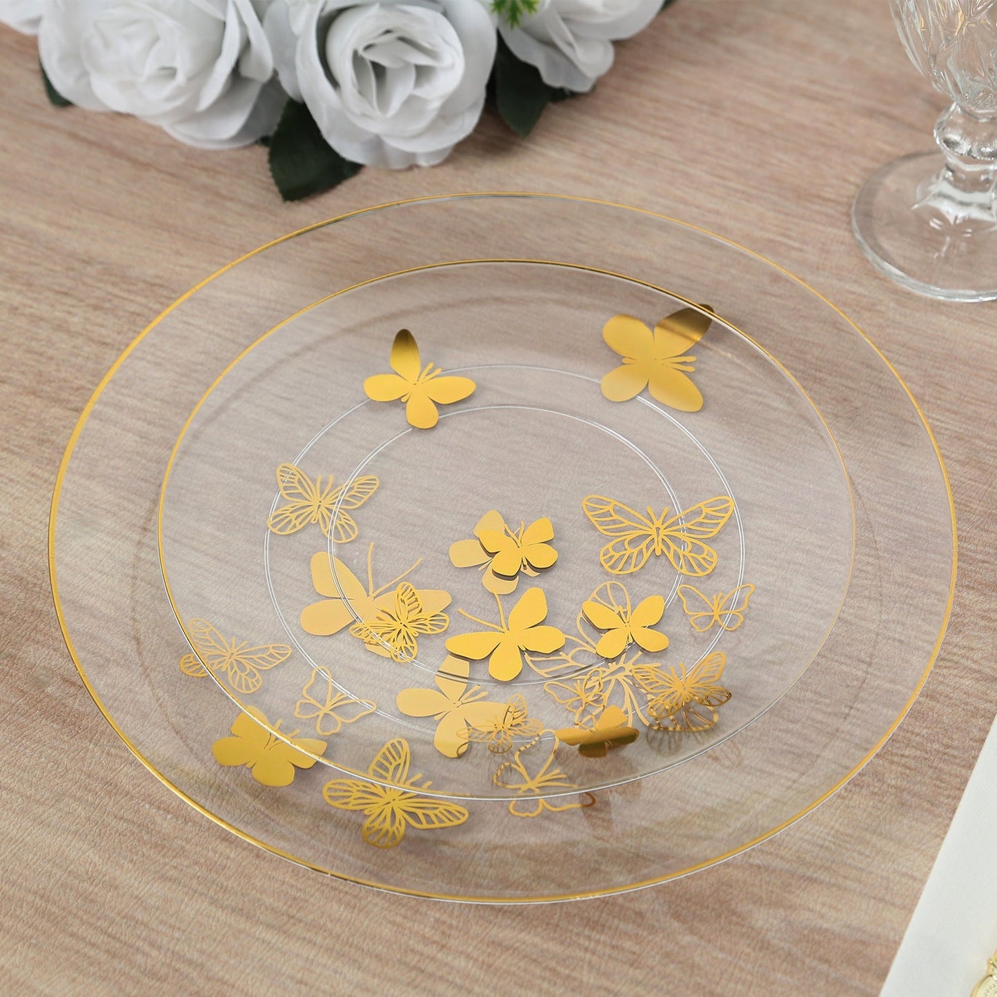 Set of 20 Plastic Round Dinner and Salad Plates in Clear with Gold Butterfly Design & Gold Rim - Stylish Disposable Dinnerware 8", 10"
