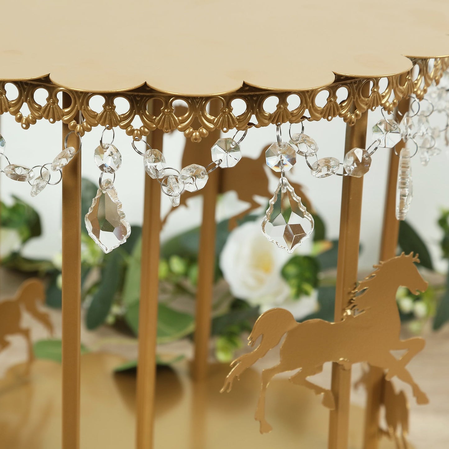 Metal Round Pedestal Cake Stand Gold Carousel Design with Hanging Acrylic Beads for Cupcakes & Pastries 14"