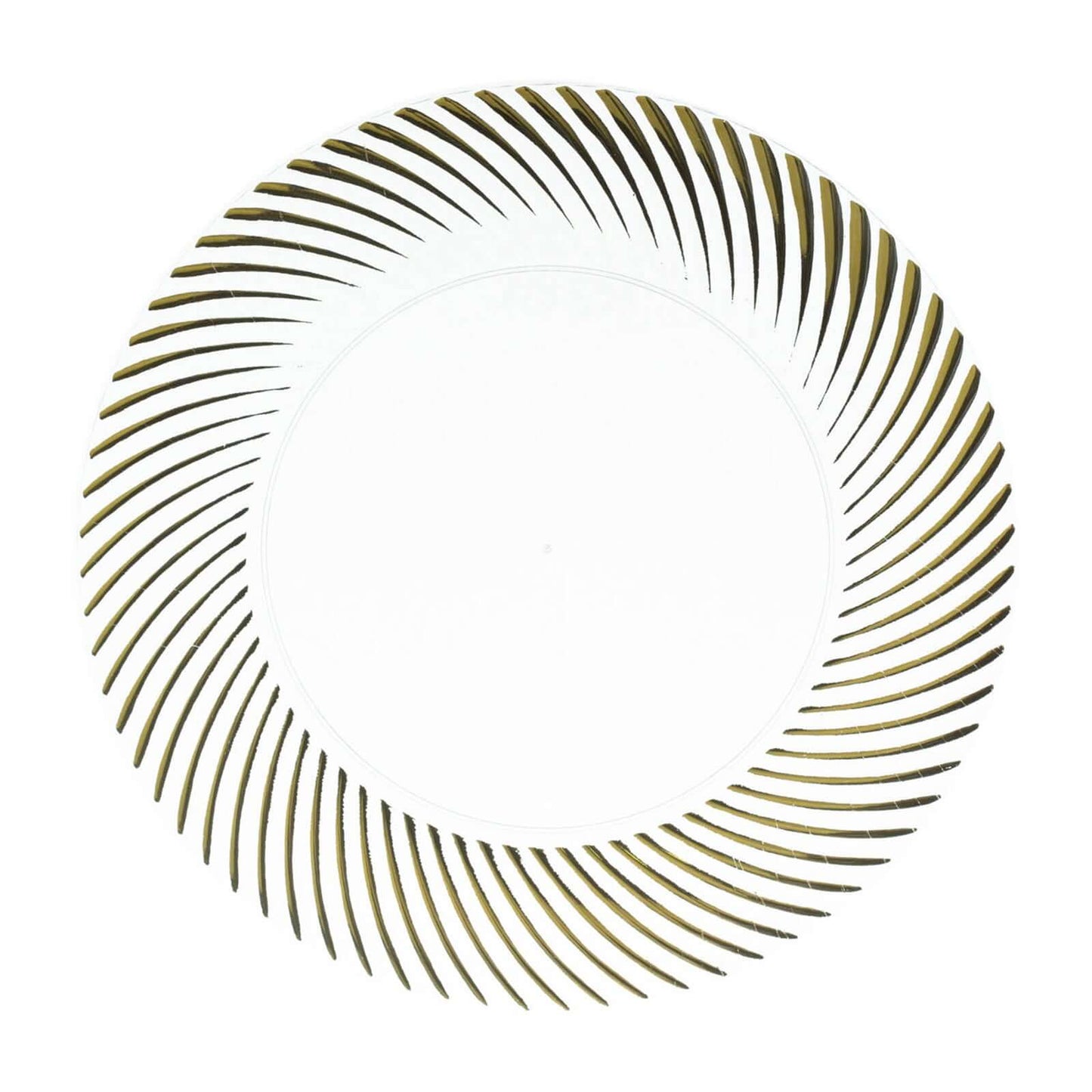 10-Pack Plastic 9" Round Dinner Plates Clear with Gold Swirl Rim - Disposable Party Plates for Classy Events & Banquets
