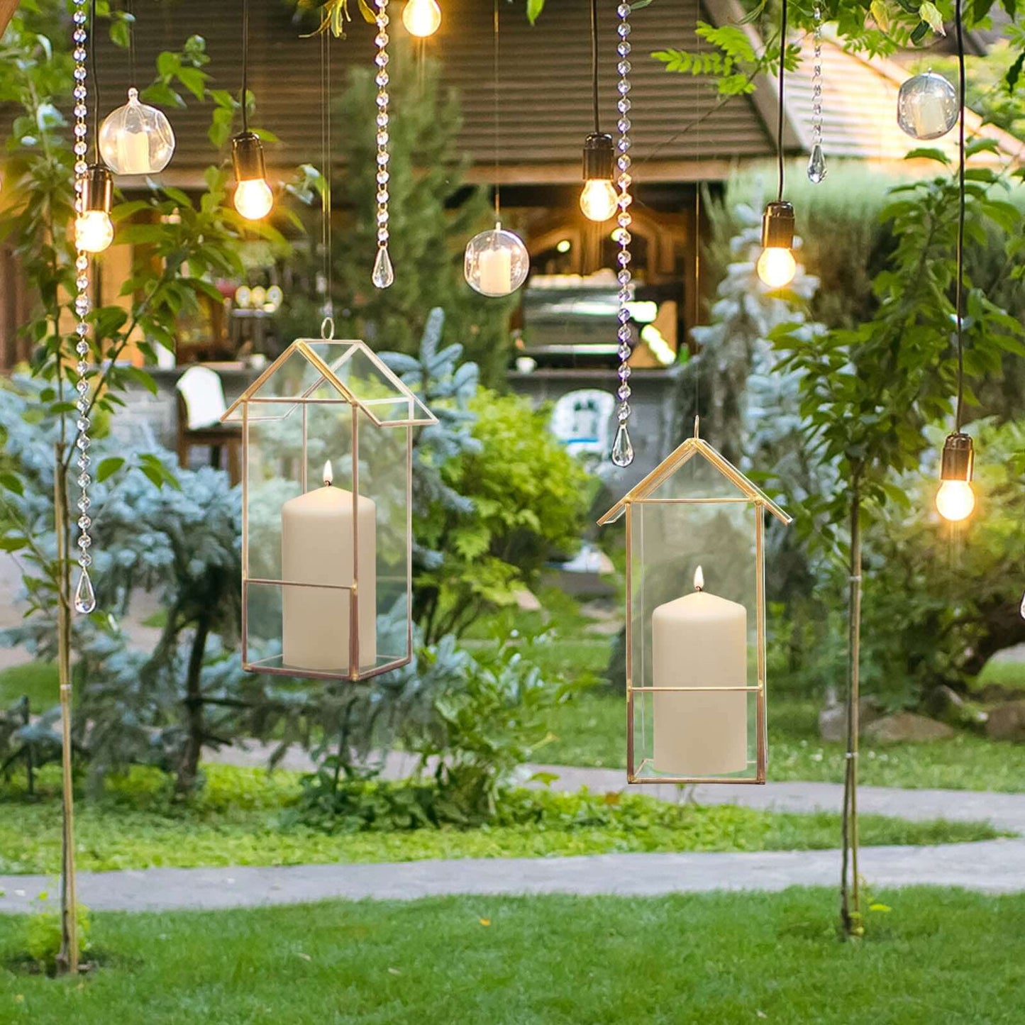 Glass Terrarium Hanging House Lantern Design Metal Gold - Versatile Holder for Air Plants & Displays 11"