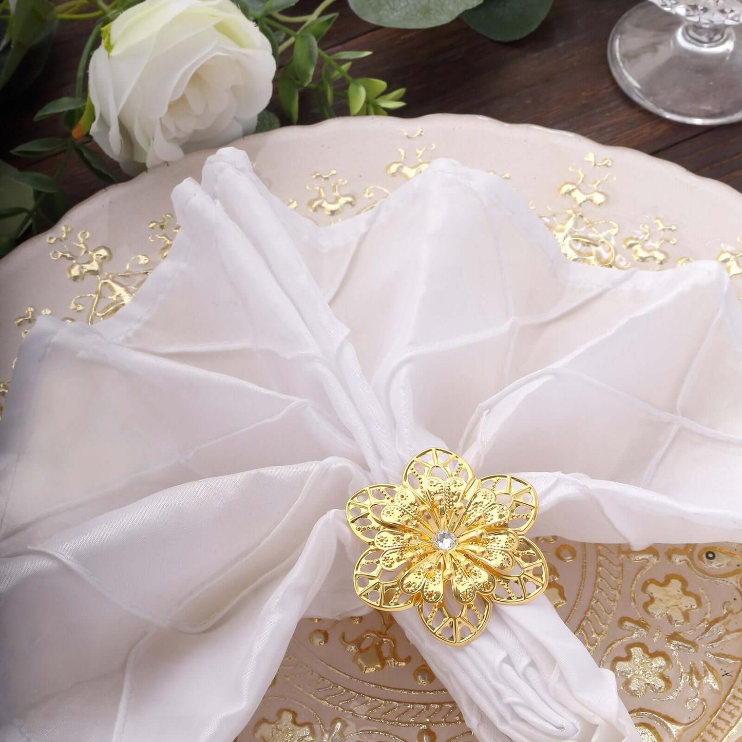 4 Pack Gold Metal Hollow Sun Flower Napkin Rings, Modern Flower Shaped Napkin Bands