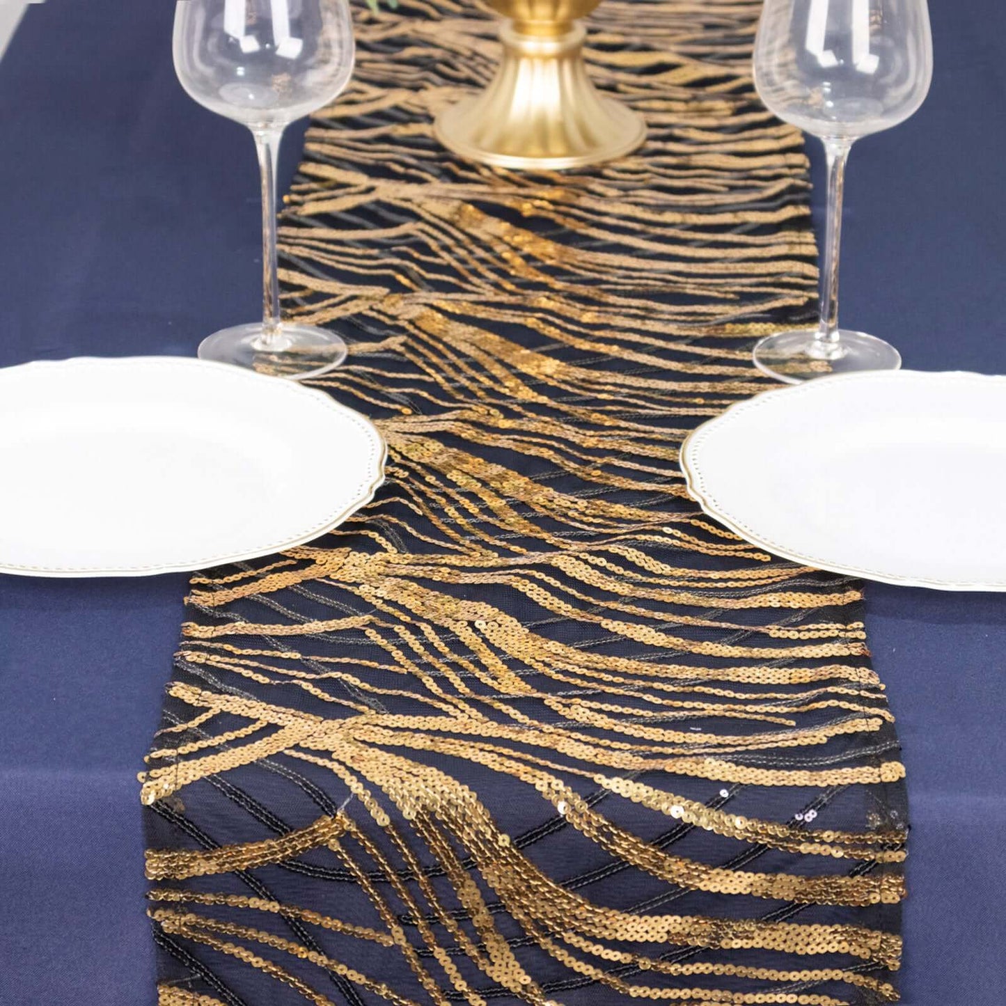 Sequin Mesh 12"x108" Table Runner Black Gold Stylish Wave Embroidery