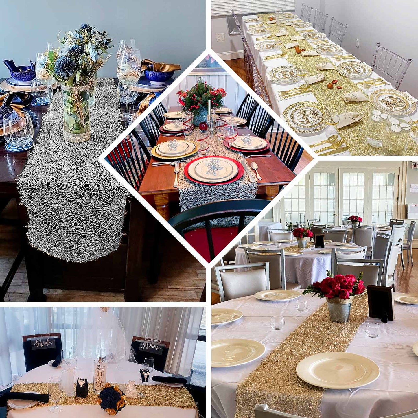 Mesh 12"x108" Table Runner Silver - Sequin Schiffli Lace Design for Stylish Celebrations