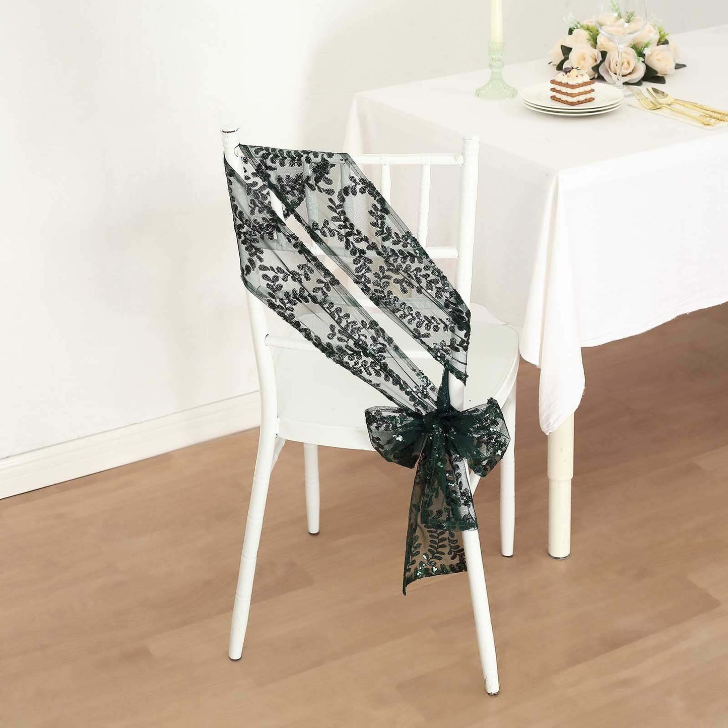 5 Pack Tulle Chair Sashes with Leaf Vine Embroidered Sequins Hunter Emerald Green 6"x88"