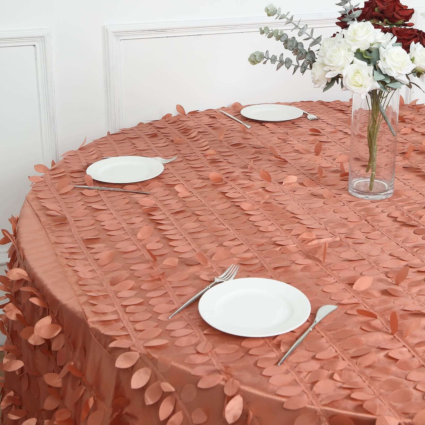 Taffeta 132" Round Tablecloth Terracotta (Rust) | 3D Leaf Petal Design Seamless Table Cover