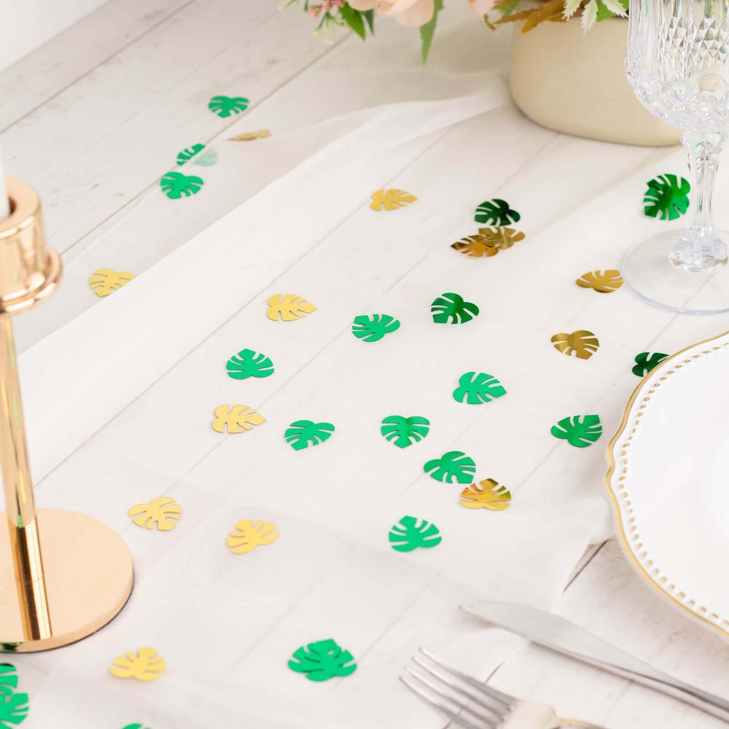 15G Bag Tropical Palm Leaf Table Confetti, Shiny Monstera Metallic Green and Gold Vibrant Eye-Catching Design