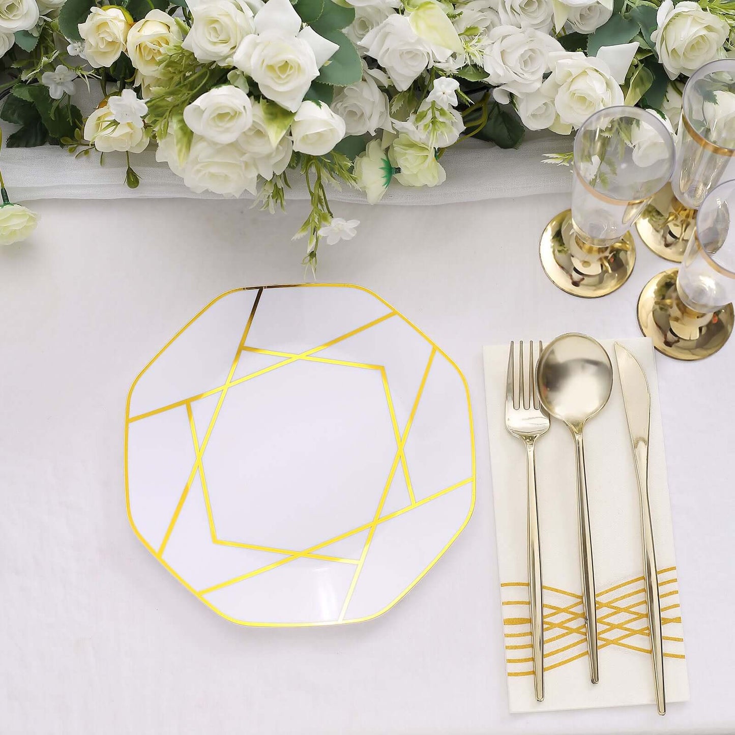 10-Pack Plastic 8" Octagon Dessert Plates in White - Modern Disposable Salad/Appetizer Plates with Gold Geometric Design for Special Occasions & Celebrations