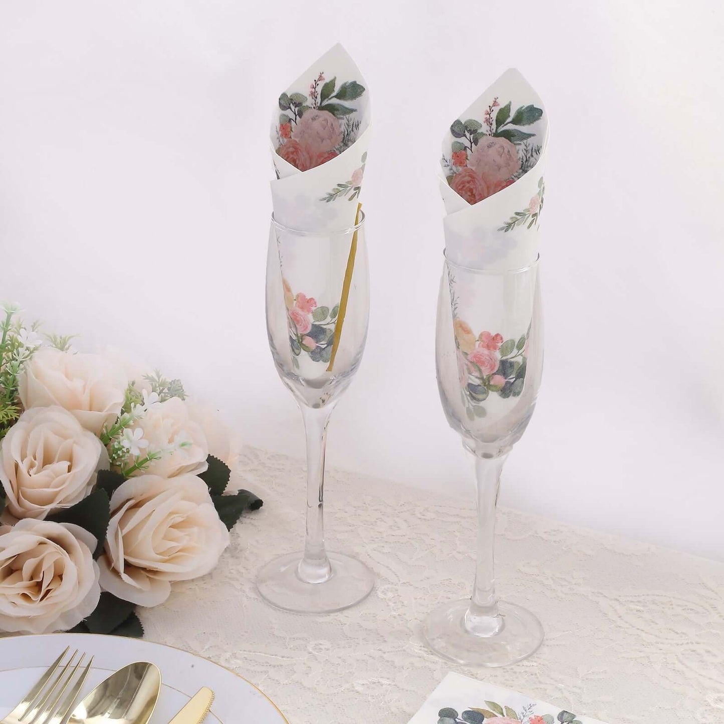 20-Pack Paper Dinner Napkins White with Pink Peony Flowers and Gold Edge 2-Ply - Stylish Disposable Napkins for Events