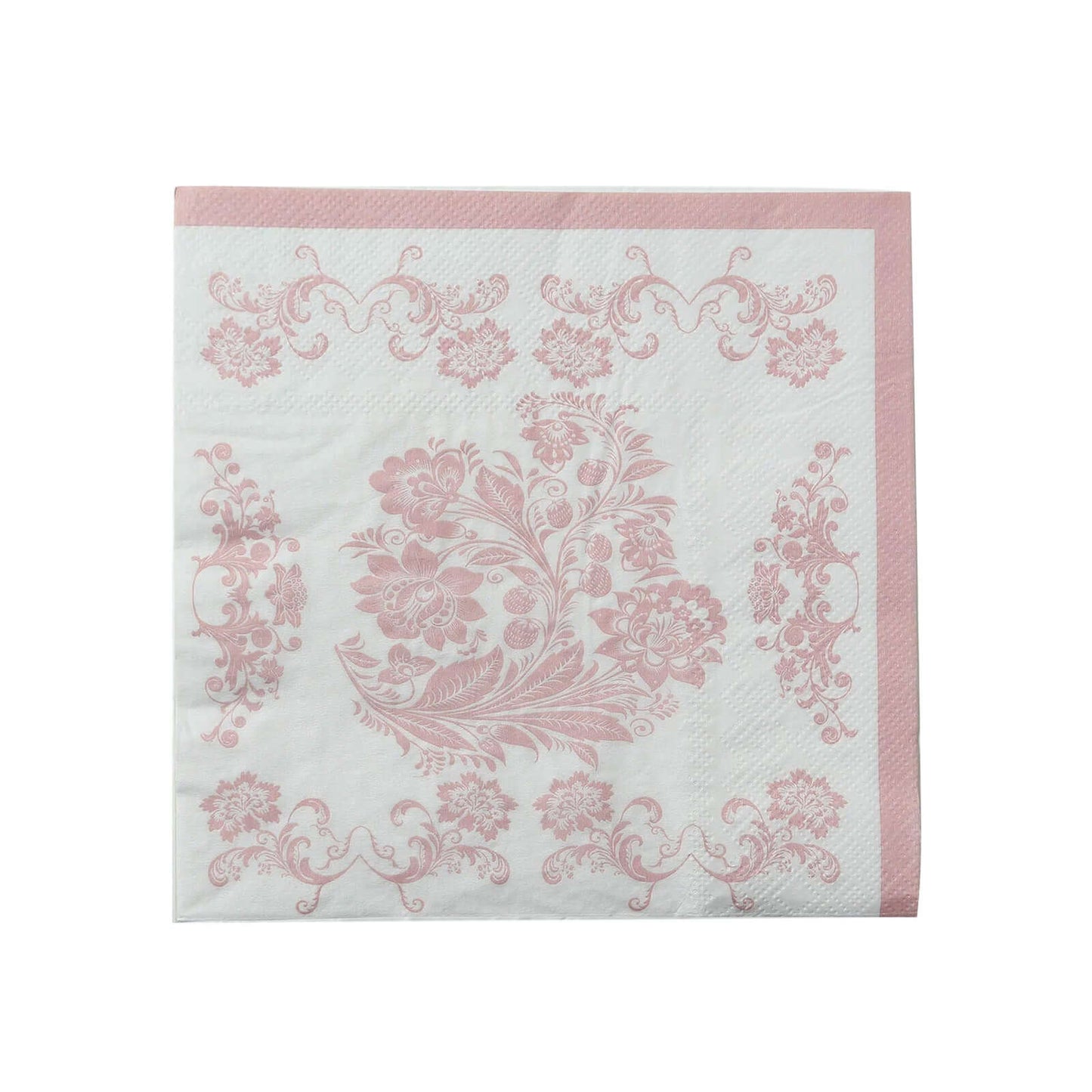 50 Pack 2-Ply Paper Beverage Napkins in White Matte Pink Damask Floral Pattern, Disposable Cocktail Napkins - Highly Absorbent & Soft