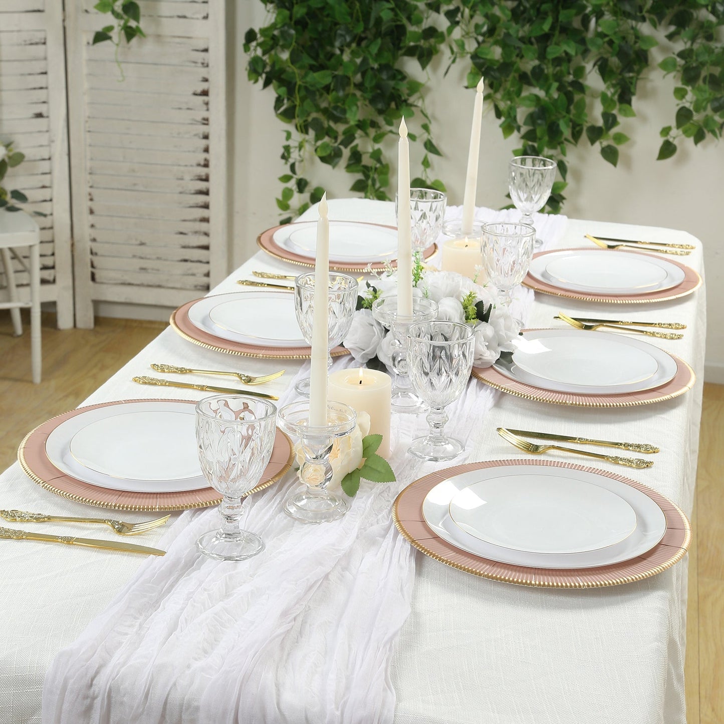 25-Pack Disposable Round Charger Plates in Dusty Rose Sunray Design with Gold Rim - 350GSM Heavy Duty Paper Chargers 13"