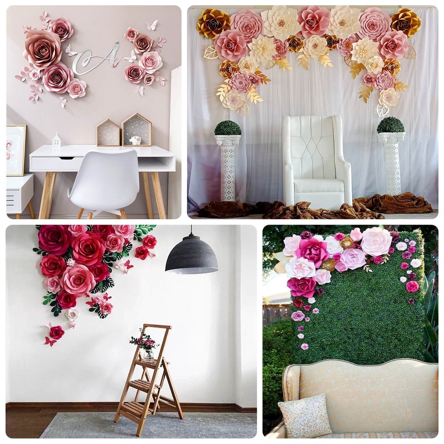 Set of 9 Pink 3D Rose Paper Flowers with Gold Tropical Palm Leaves, Party Flower Backdrop Hanging Wall Decor