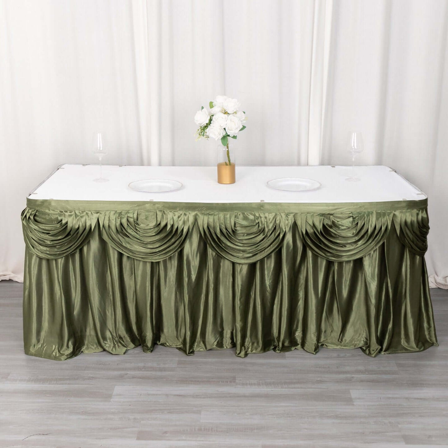 Satin 14ft Table Skirt Dusty Sage Green - Pleated Double Drape Table Cover