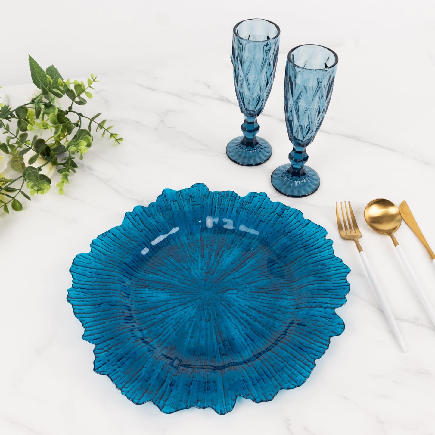 6-Pack Acrylic Plastic Round Charger Plates 13" in Transparent Navy Blue with Reef Design, Dinner Charger Tableware