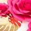 Set of 9 Fuchsia 3D Rose Paper Flowers with Gold Tropical Palm Leaves, Party Flower Backdrop Hanging Wall Decor