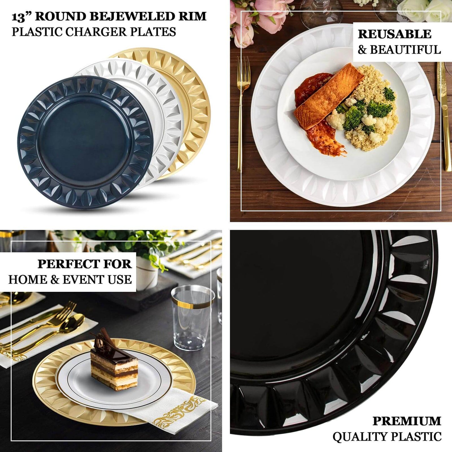 6-Pack Plastic Round Charger Plates 13" in Silver with Bejeweled Rim, Luxe Decorative Dinner Party Charger Tableware