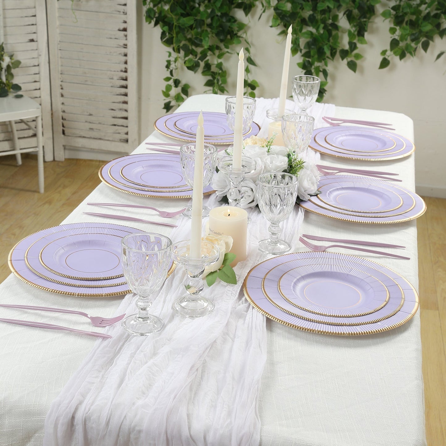 25-Pack Paper 8" Round Dessert Plates in Lavender Lilac Sunray Design with Gold Rim - Disposable Heavy Duty 350GSM Appetizer Salad Plates