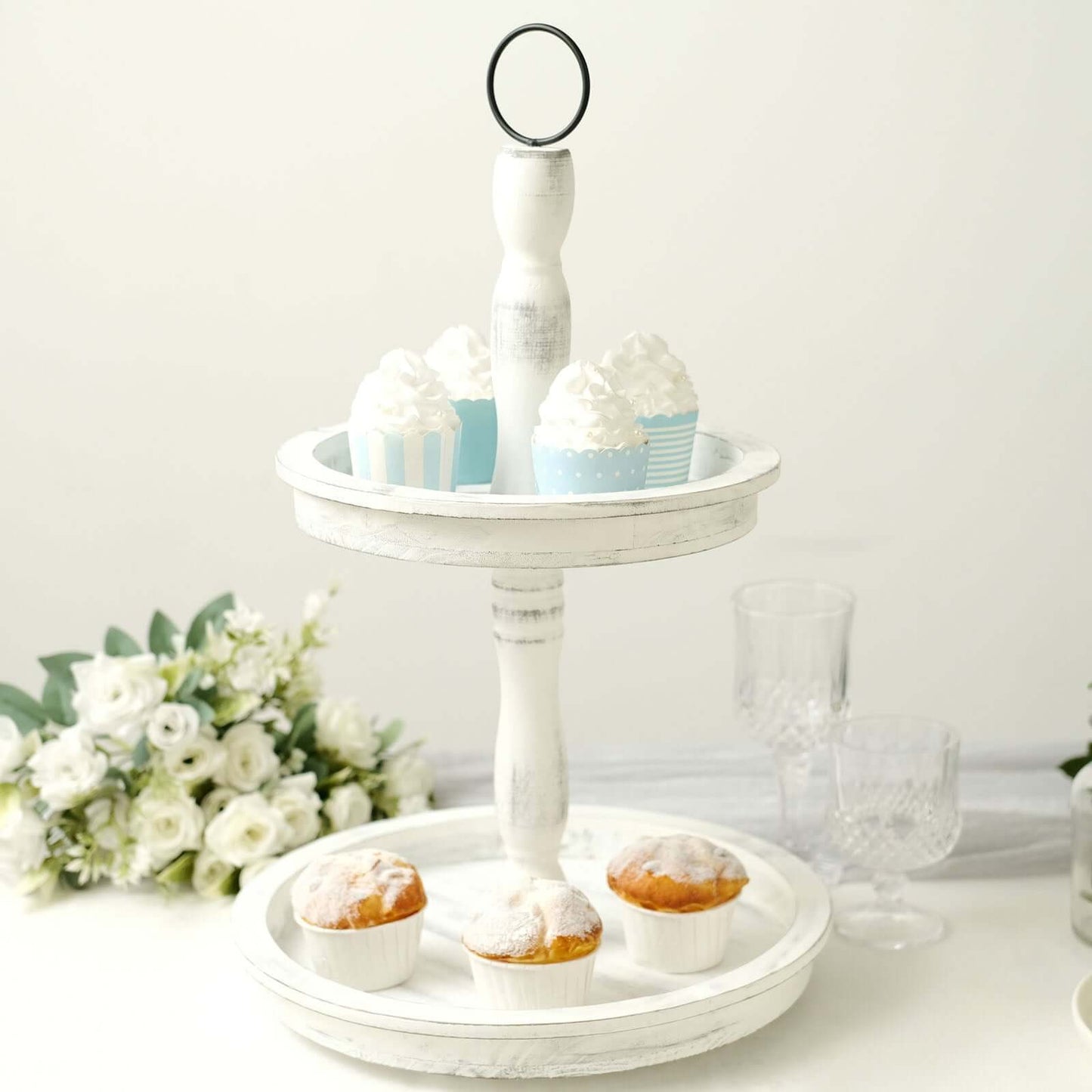 2-Tier Wooden Serving Tray Stand Rustic Whitewashed Design - Farmhouse Style Cupcake Display 20"