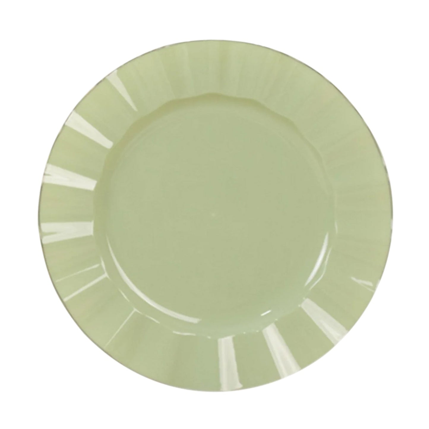 10-Pack Plastic 11" Round Dinner Plates in Sage Green Ruffled Rim with Gold Edging - Sturdy Disposable Dinnerware