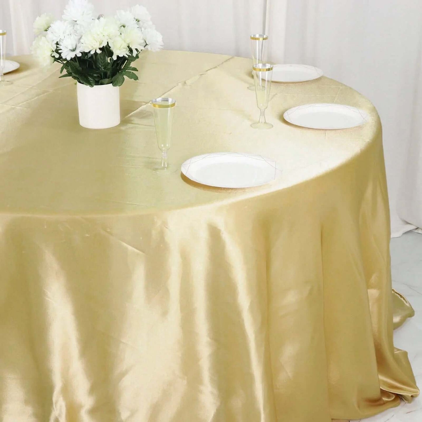 Satin 132" Round Tablecloth Champagne - Stylish Seamless Table Cover