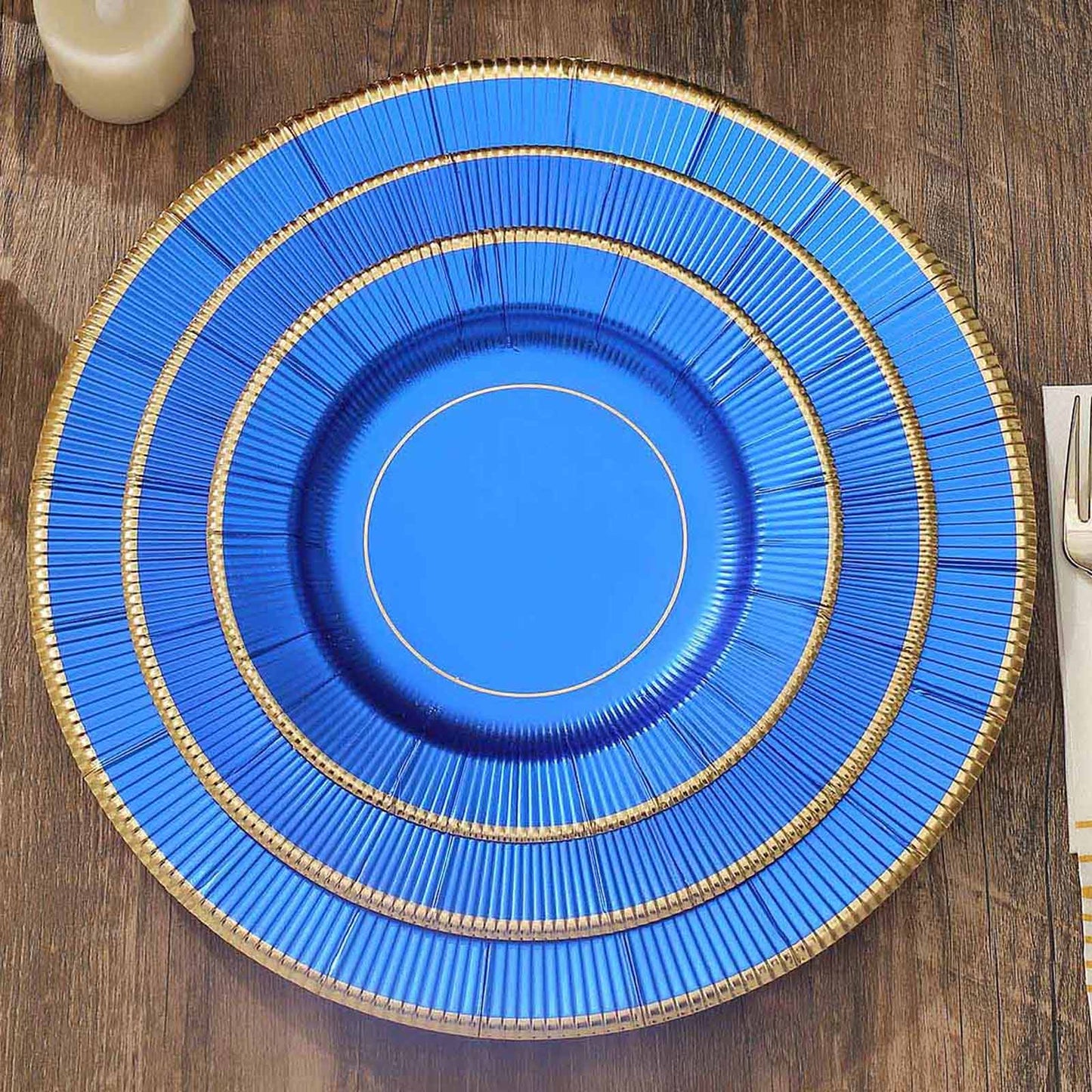 25-Pack Paper 8" Round Dessert Plates in Royal Blue Sunray Design with Gold Rim - Disposable Heavy Duty 350GSM Appetizer Salad Plates
