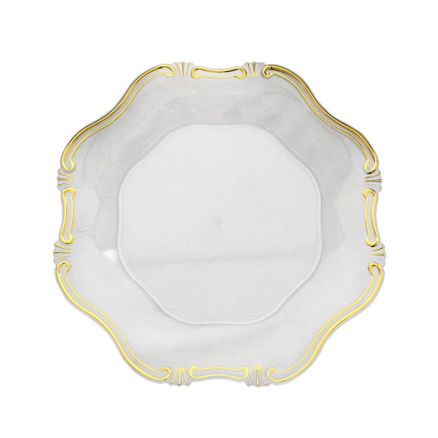 6-Pack Acrylic Plastic Hexagon Charger Plates 13" in Clear with Gold Baroque Scalloped Rim, Exquisite Dinner Serving Plates