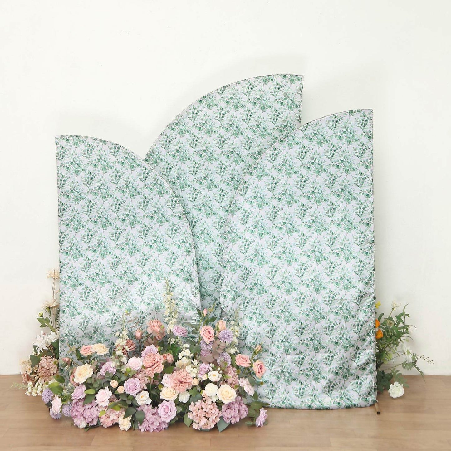 Set of 3 White Green Satin Chiara Wedding Arch Covers With Eucalyptus Leaves Print, Fitted Covers For Half Moon Backdrop Stands - 5ft, 6ft, 7ft