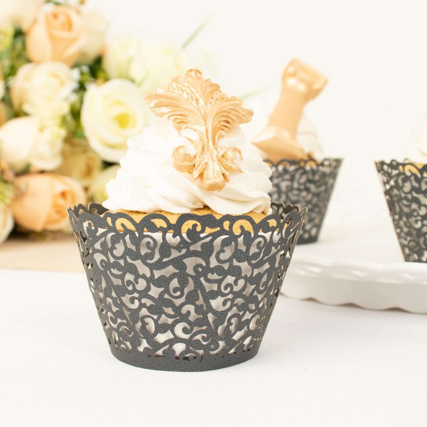 25-Pack Paper Cupcake Wrappers Lace Laser Cut Design Black - Muffin Baking Cup Trays for Events