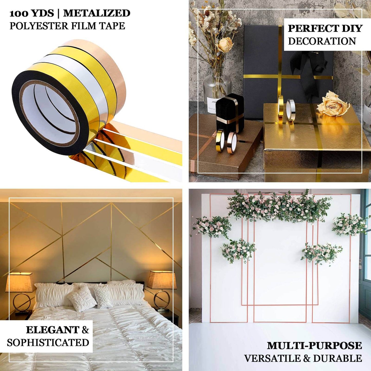 100 Yds 3/4" Gold Metallic Film Tape Adhesive, DIY Floral Wrap Craft Decor Tape - Polyester with Acrylic