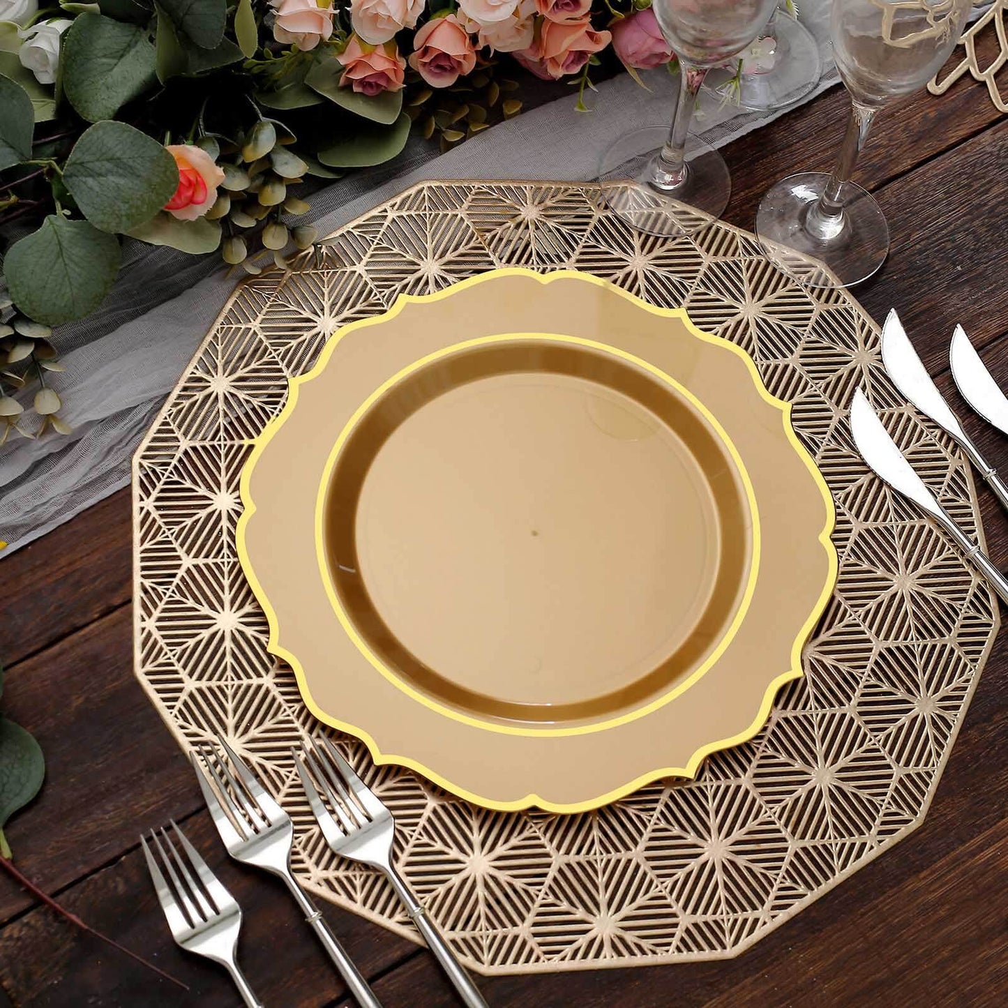 10-Pack Plastic 10" Round Dinner Plates in Gold with Gold Scalloped Rim - Disposable Party Plates