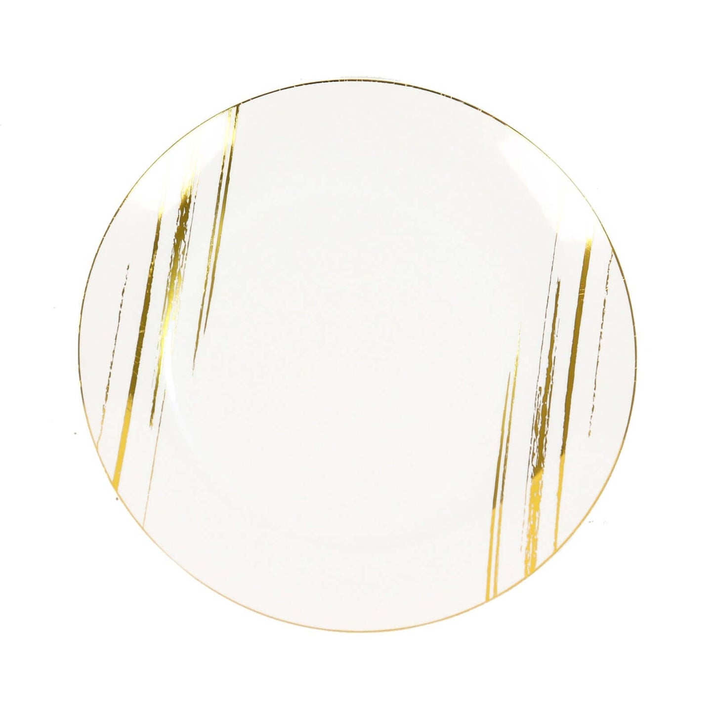 10-Pack Plastic 10" Round Dinner Plates in White with Gold Brush Stroked Print - Disposable Party Dinnerware for Modern Themed Events & Banquets