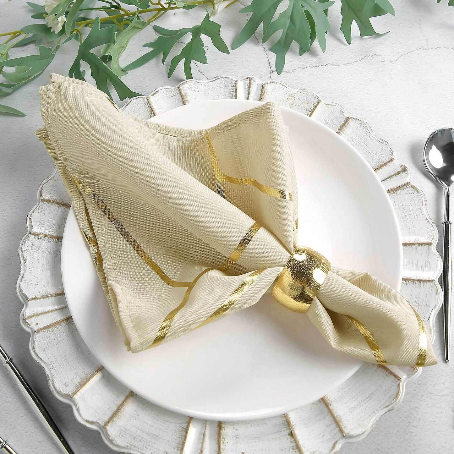 5 Pack Polyester 20"x20" Napkins Beige with Gold Geometric Foil Pattern - Modern Reusable Dinner Napkins