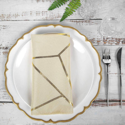 5 Pack Polyester 20"x20" Napkins Beige with Gold Geometric Foil Pattern - Modern Reusable Dinner Napkins