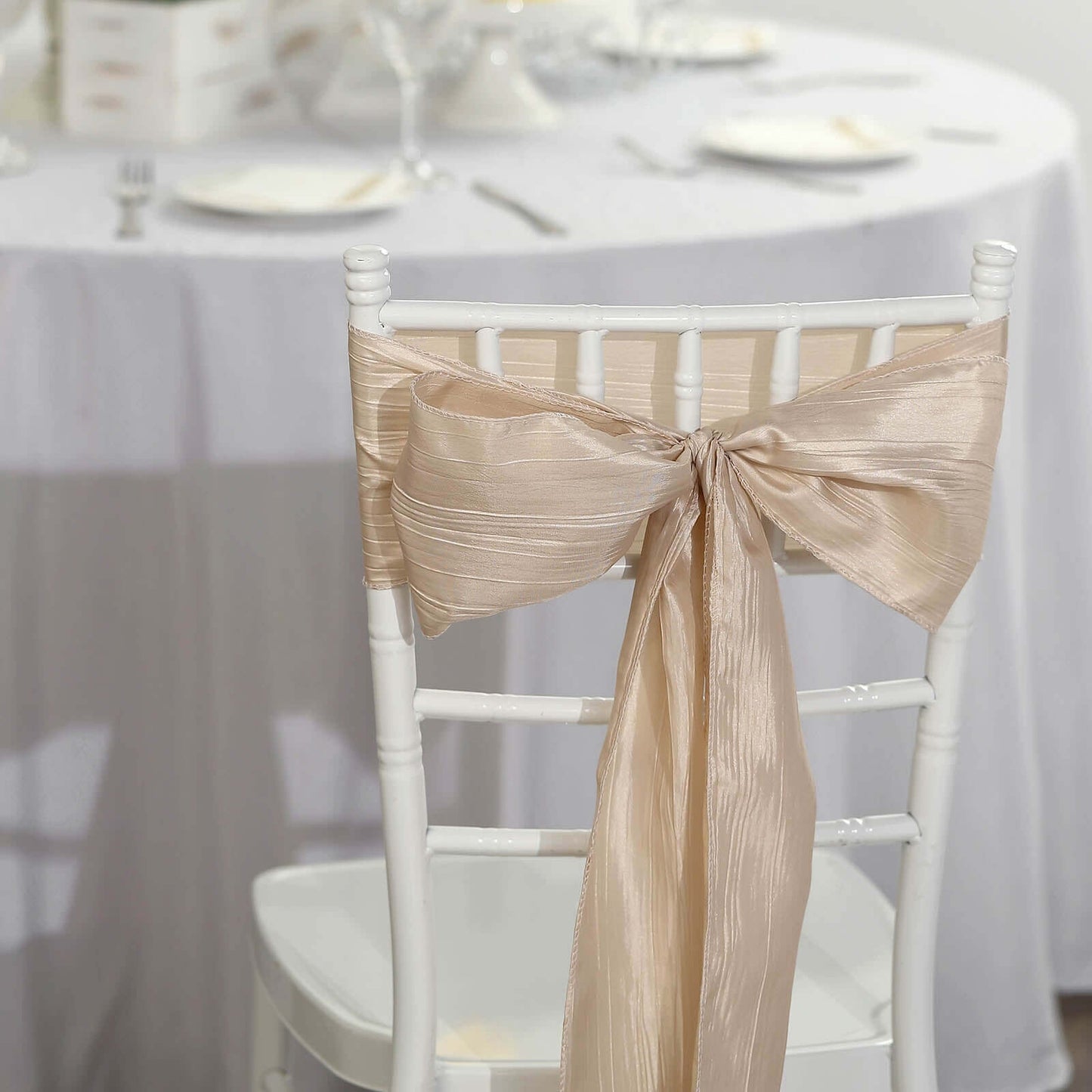 5 Pack Taffeta 6"x106" Chair Sashes Beige Accordion Crinkle Texture - Stylish Decor for Weddings & Gatherings