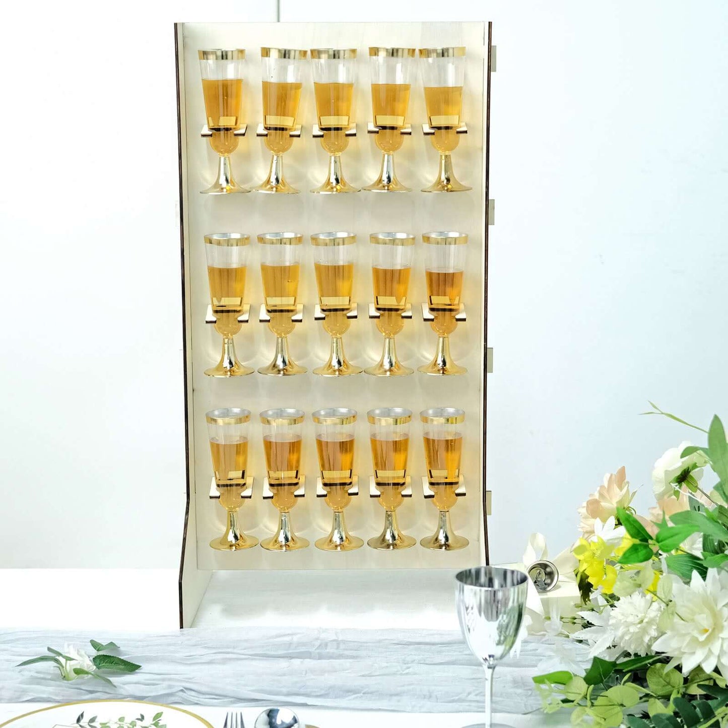 3-Tier Wooden Rectangle Champagne Wall Glass Holder in White for Rustic Events & Banquets