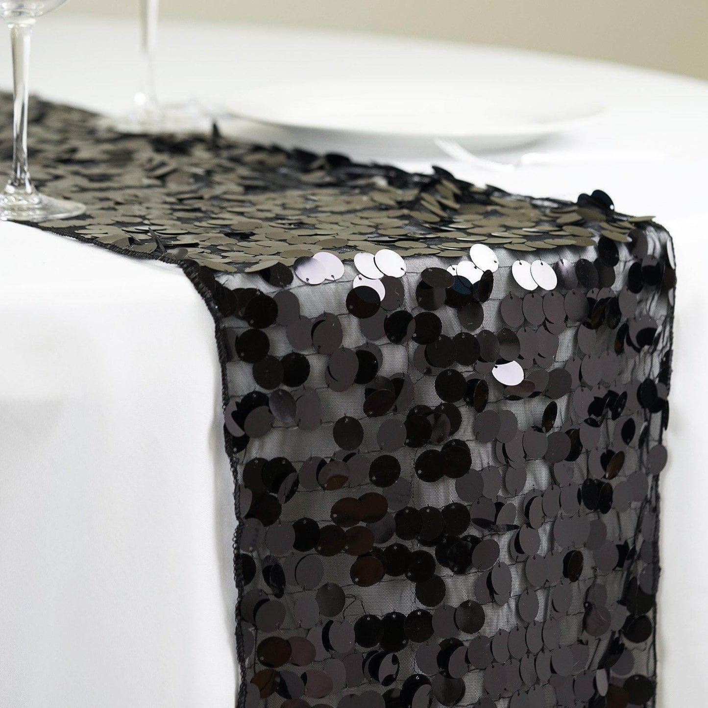 Big Payette Sequin 13"x108" Table Runner Black - Dazzling Design - Linen Luxes