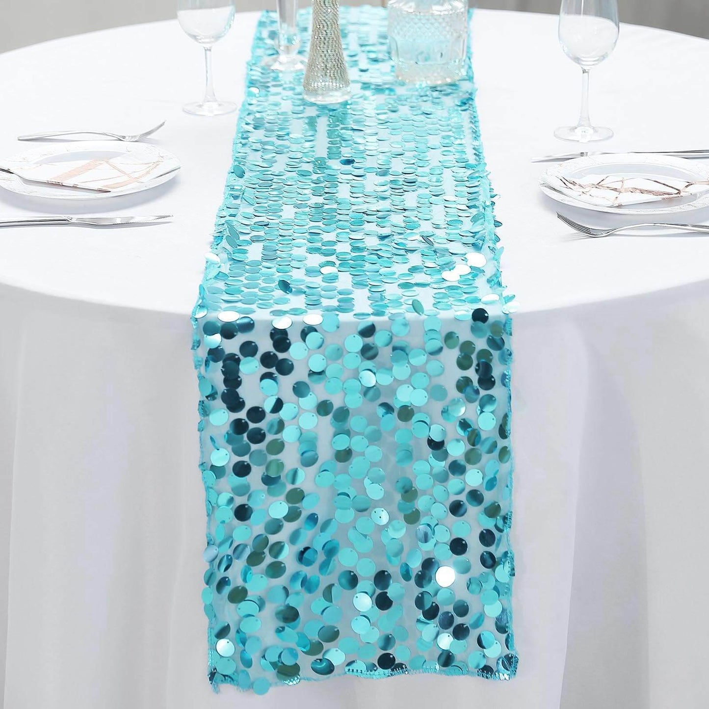 Big Payette Sequin 13"x108" Table Runner Turquoise - Dazzling Design - Linen Luxes