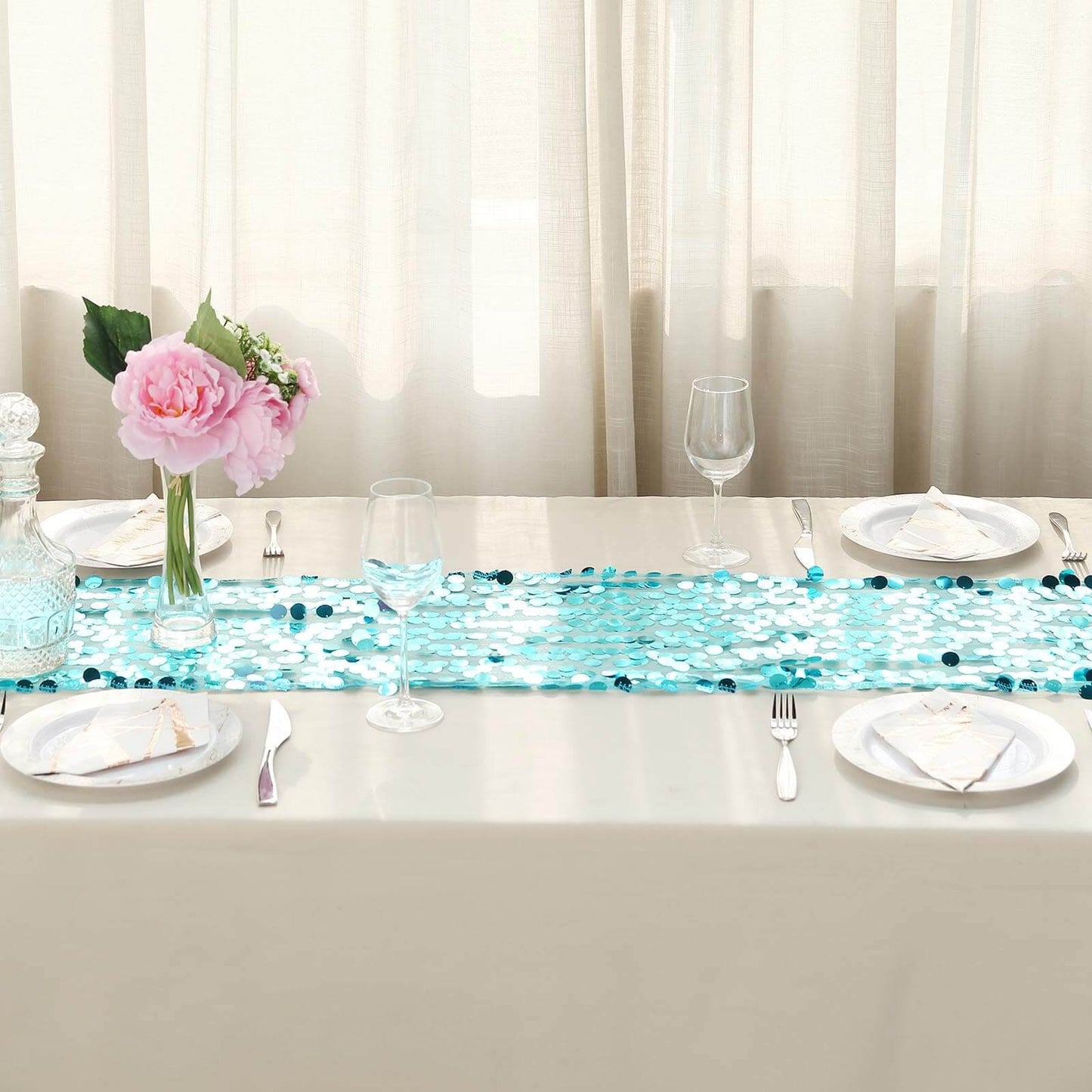 Big Payette Sequin 13"x108" Table Runner Turquoise - Dazzling Design - Linen Luxes