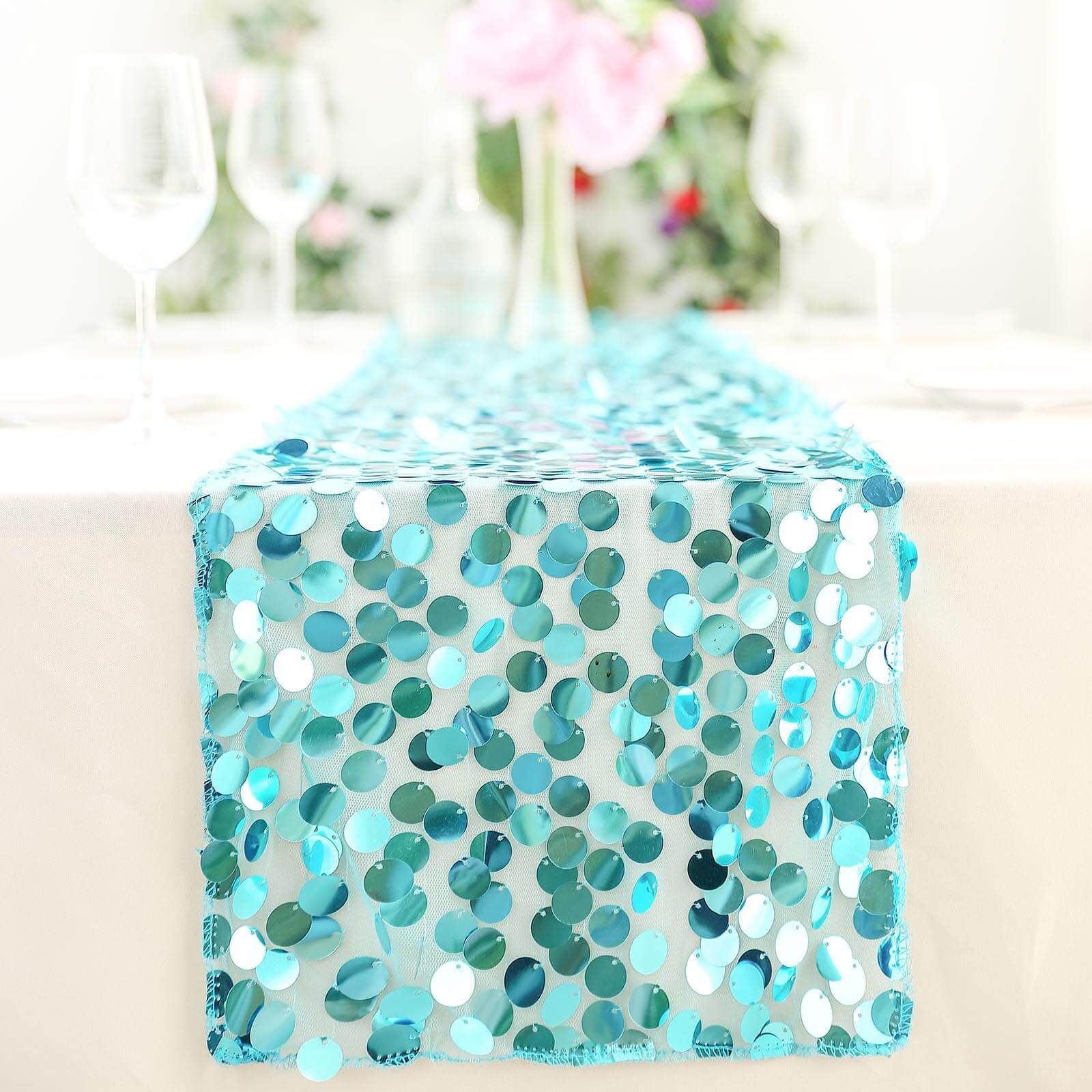Big Payette Sequin 13"x108" Table Runner Turquoise - Dazzling Design - Linen Luxes