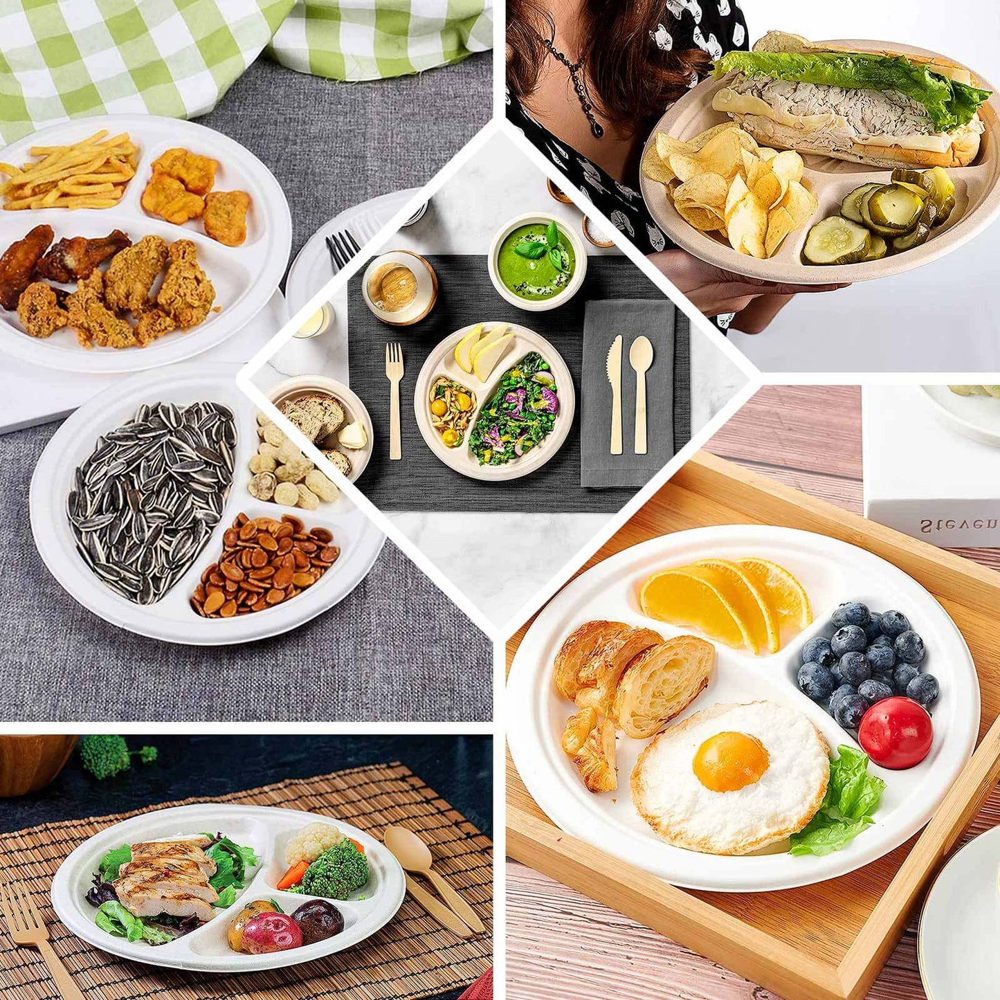 50-Pack Bagasse 10" Round Dinner Plates in White with 3-Compartments - Eco Friendly Biodegradable Sugarcane Divided Plates for Food Trucks Catering & Events