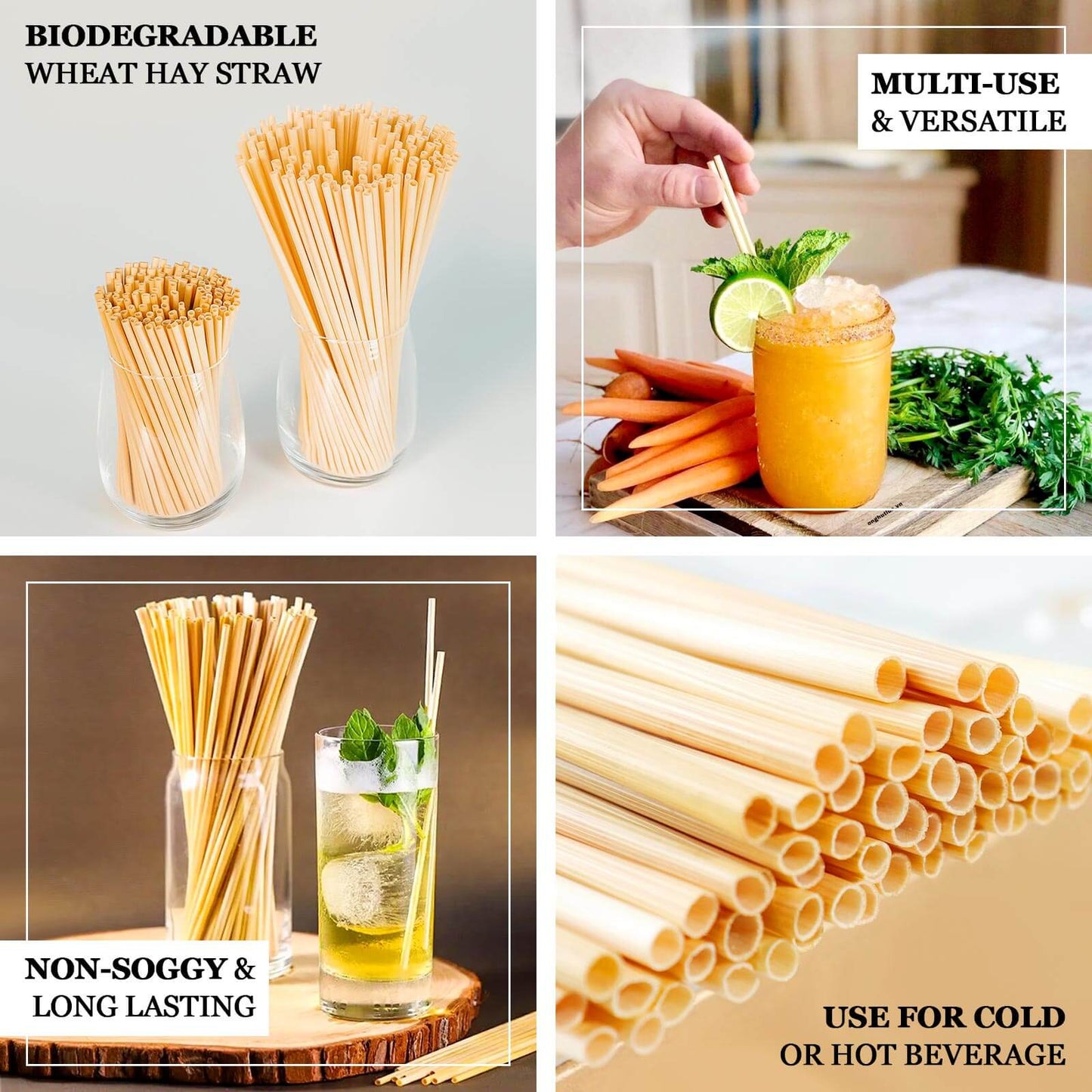 100-Pack Compostable Straws Plant Based 100% Plastic Free - Biodegradable Wheat Straws for Drinks 6"