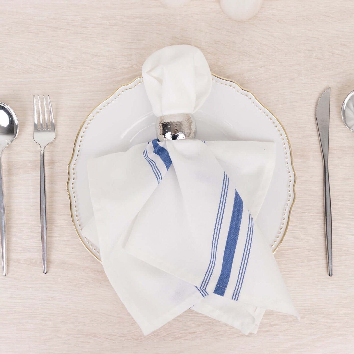 10 Pack Premium Spun Polyester 18"x22" Napkins White/Blue Bistro Style - Highly Absorbent Cotton-Like Feel Cloth Napkins