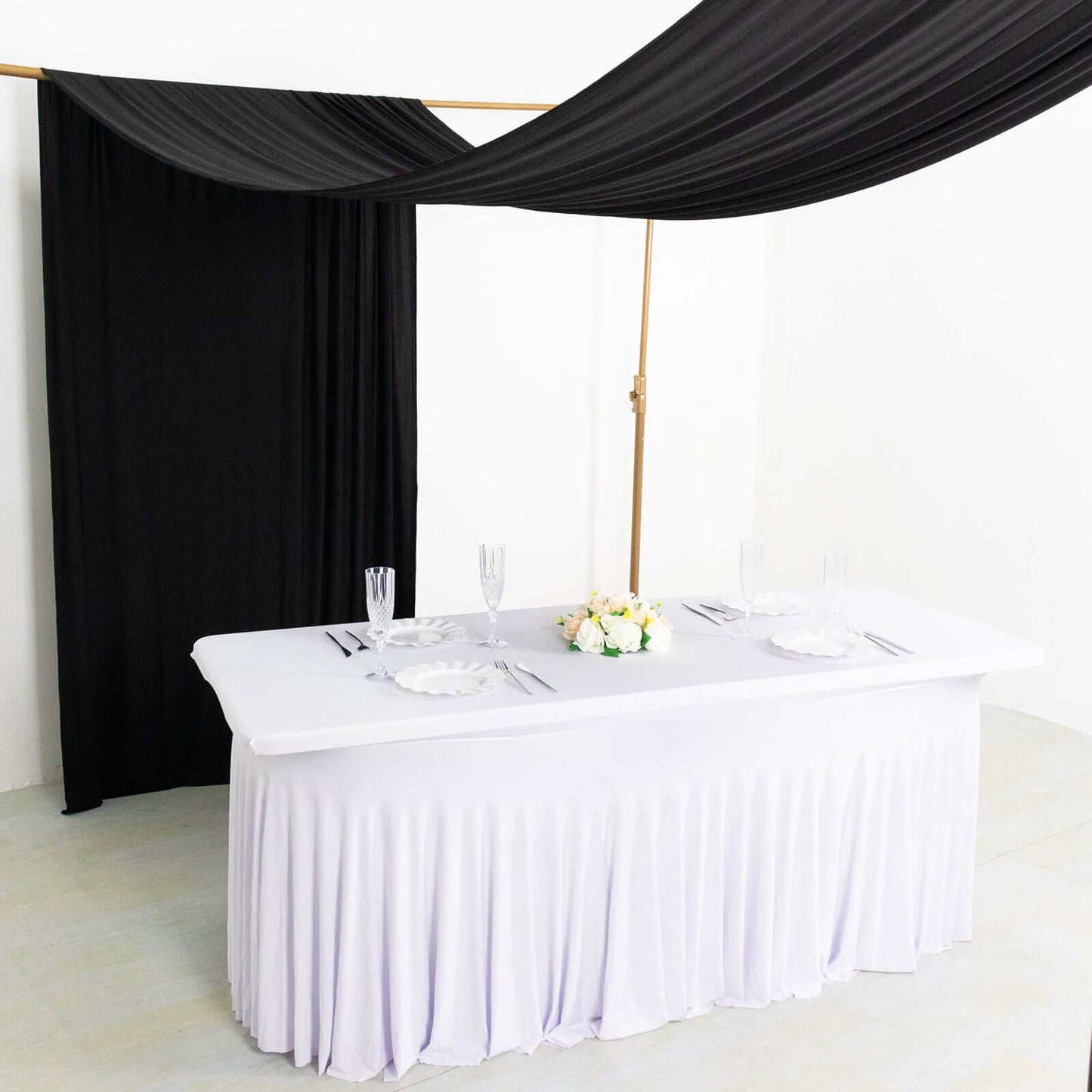 Black 4-Way Stretch Spandex Event Curtain Drapes, Wrinkle Free Backdrop Event Panel with Rod Pockets - 5ftx18ft