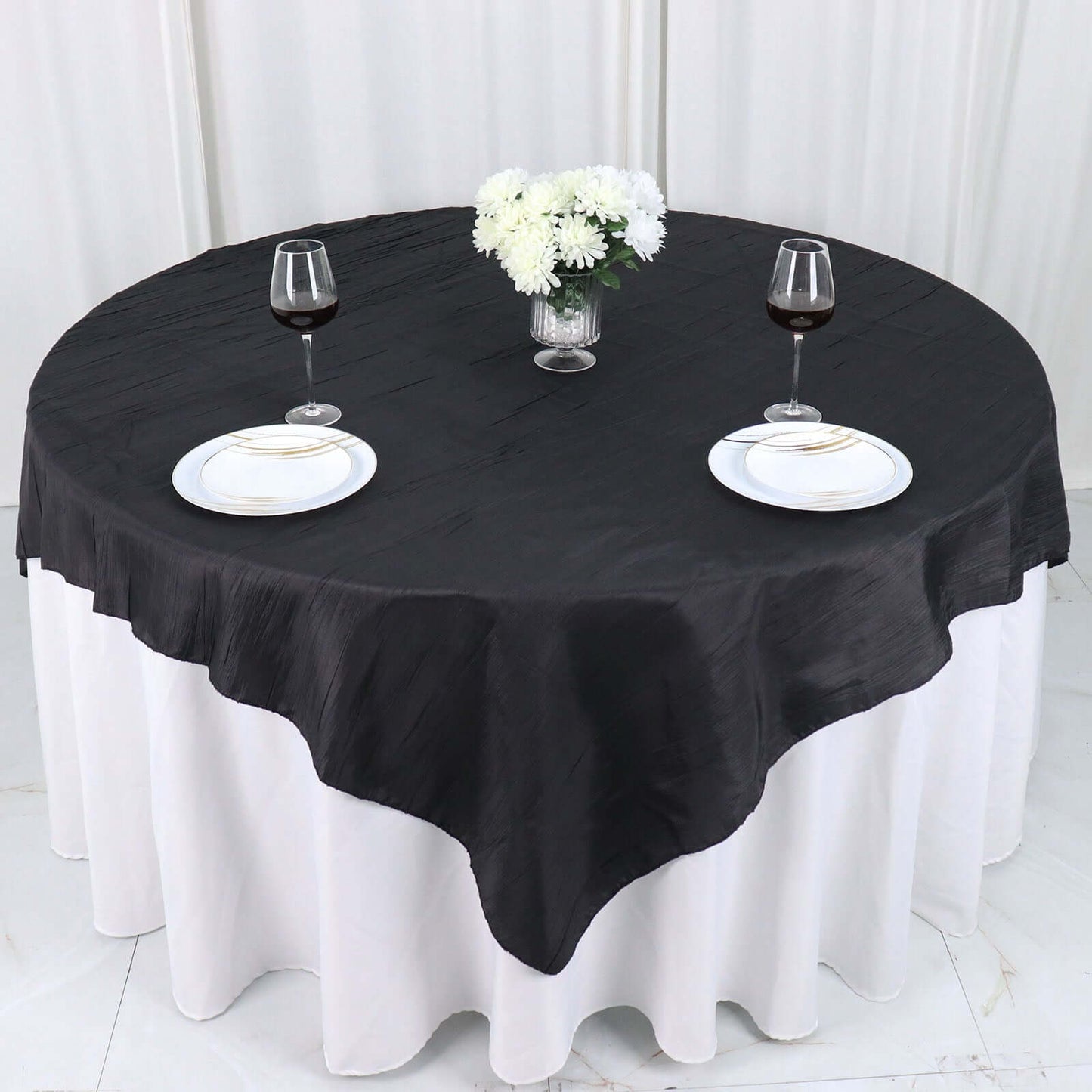 Taffeta 72"x72" Table Overlay Square Tablecloth Black - Accordion Crinkle Table Cover