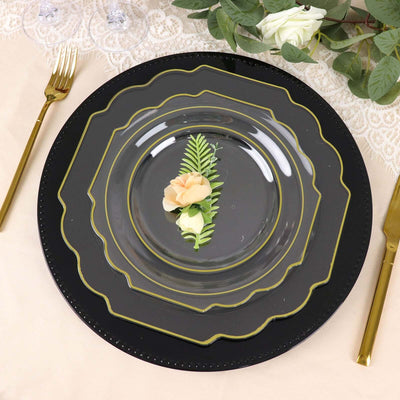 10-Pack Plastic Dessert Appetizer Plates in Clear Baroque Design with Scalloped Gold Rim - Heavy Duty Disposable Salad Plates 8"