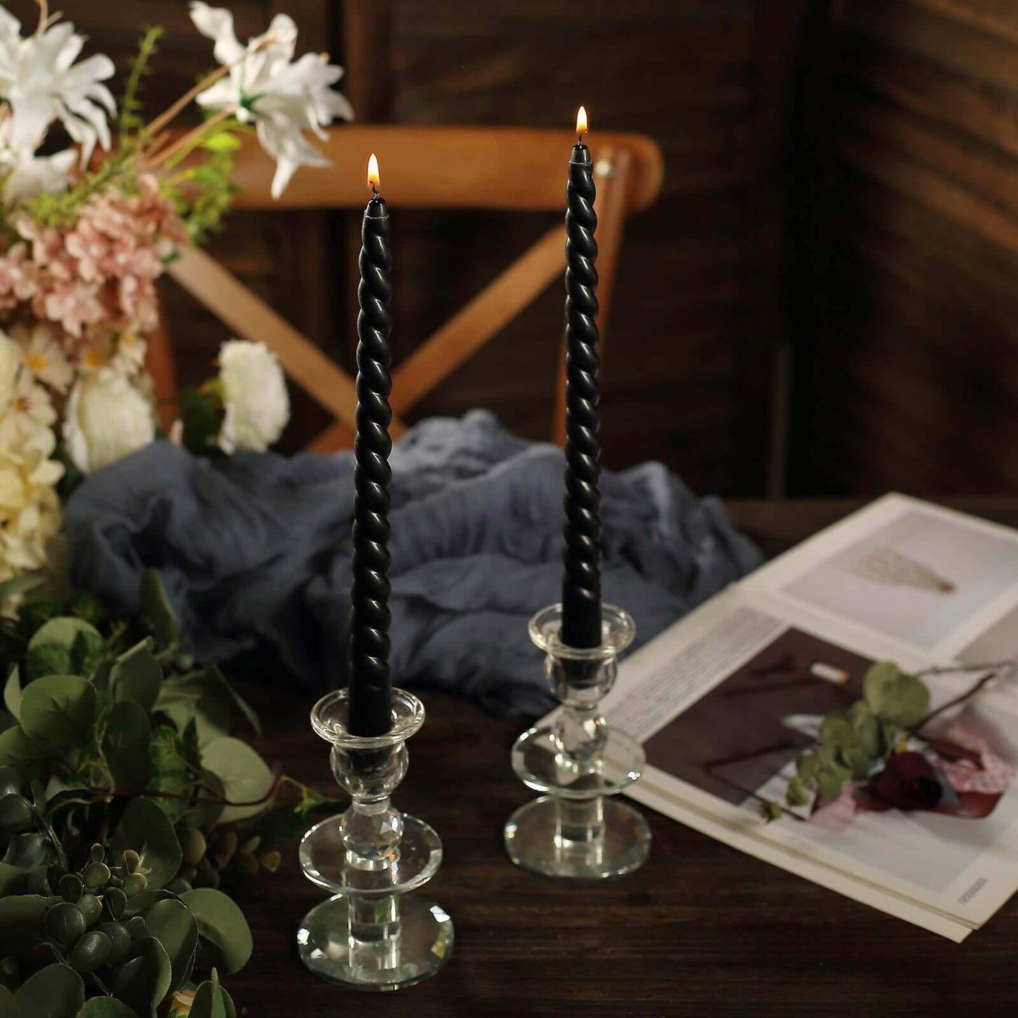 12-Pack Taper Candles Spiral Long Burn Wick Design Black - Premium Unscented Wax Dinner Candle Sticks 11"