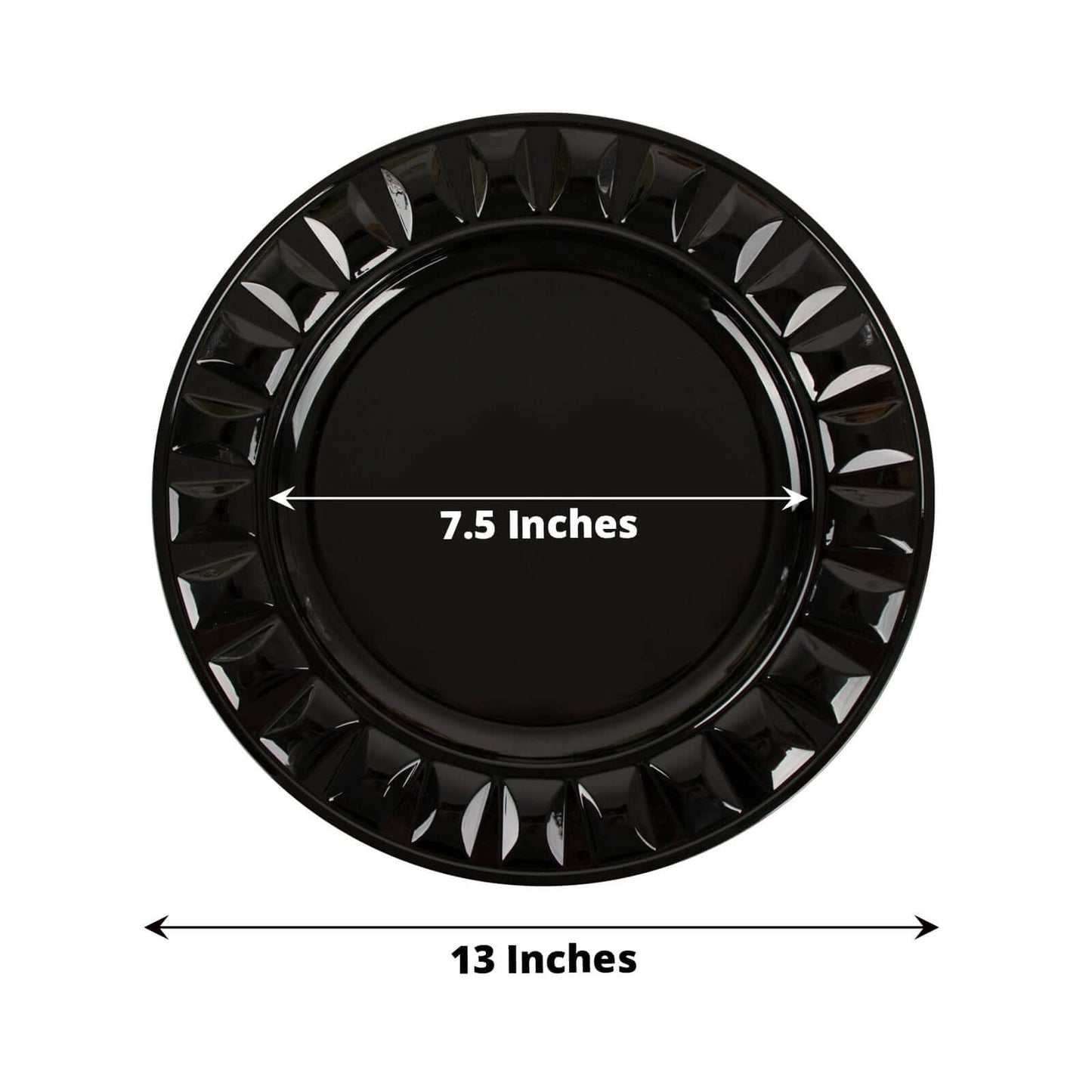 6-Pack Plastic Round Charger Plates 13" in Black with Bejeweled Rim, Luxe Decorative Dinner Party Charger Tableware