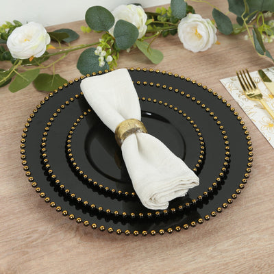 10-Pack Economy Round Plastic Charger Plates 13" in Black with Gold Beaded Rim, Stylish Dinner Party Serving Plates