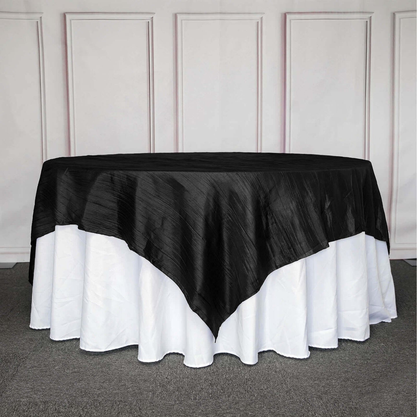 Taffeta 90"x90" Table Overlay Square Tablecloth Black - Accordion Crinkle Table Cover